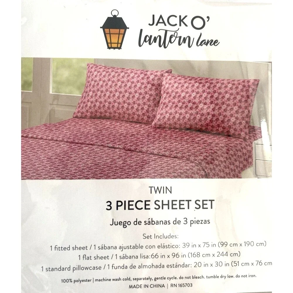 Jack O’Lantern Lane Twin Sheet Set Pink Pumpkins Flowers 3 Piece Halloween
